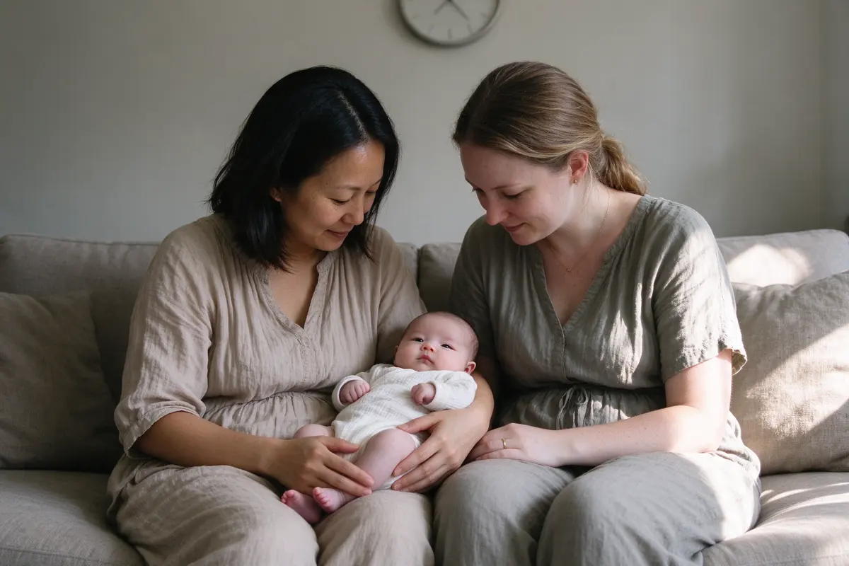 The two mothers side by side on the sofa with the baby in one's lap, both looking at the baby's calm face, afternoon light, a clock on the wall behind them.