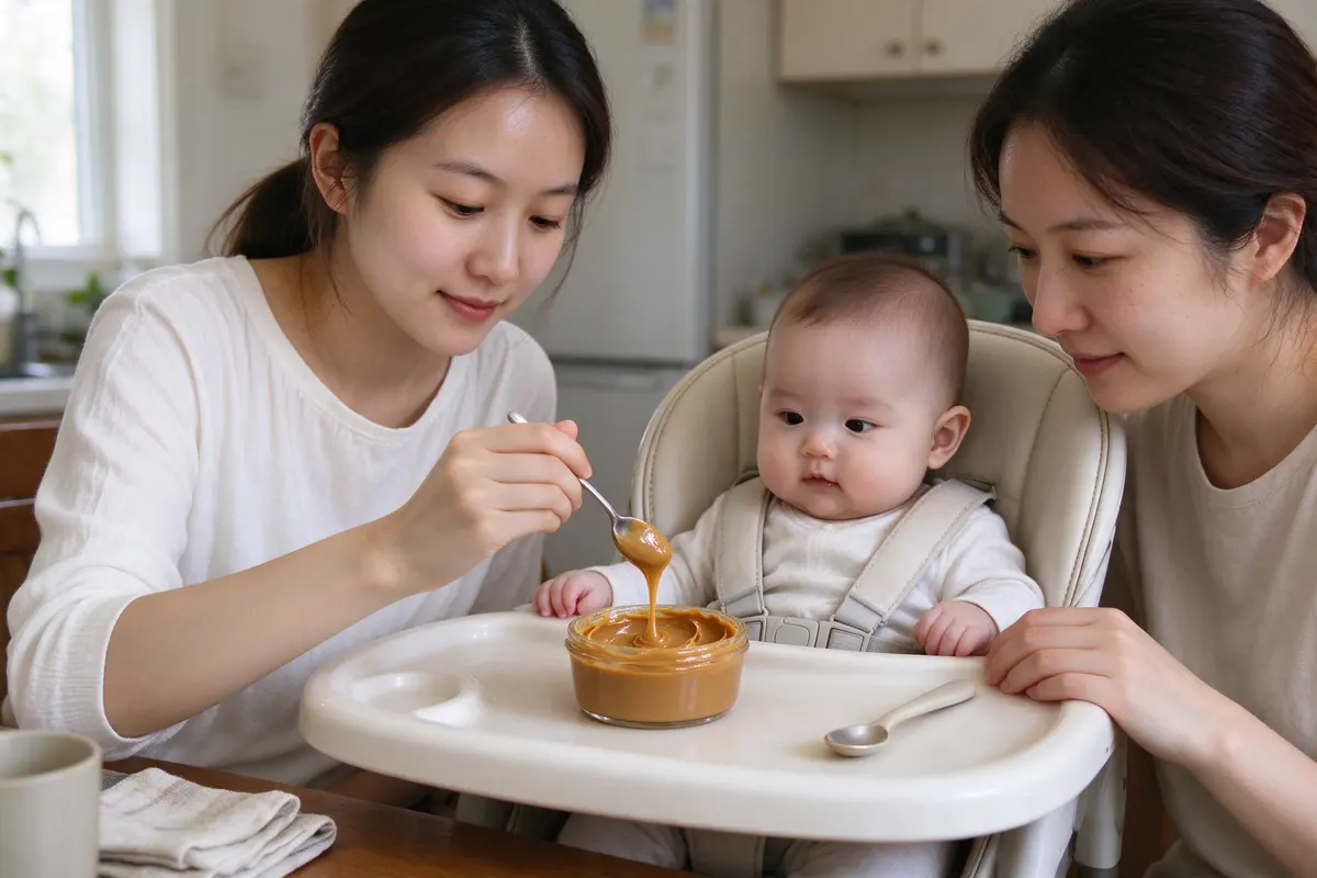One mother stirring a small bowl of peanut butter thinned to a smooth drizzle with a teaspoon, the other seated beside the buckled baby in the high chair with a clean spoon ready.