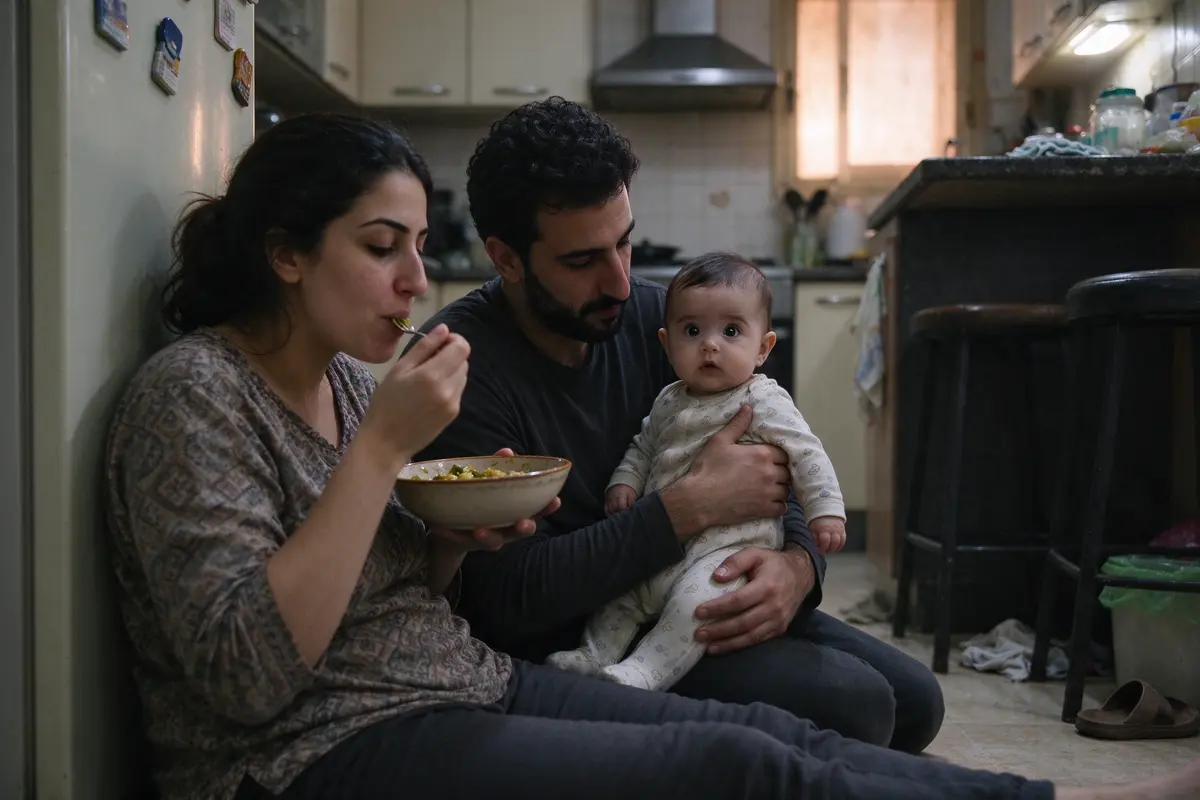 The mother sitting on the kitchen floor with her back to the fridge, eating a bowl of her own dinner, the father beside her holding the baby upright on his knee.