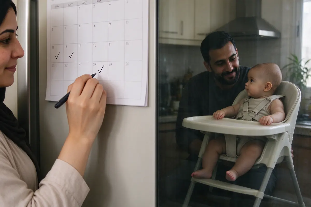 The mother's hand drawing a small tick on a fridge calendar with two ticks already in the week, the father and the baby in the buckled high chair reflected in the dark window.