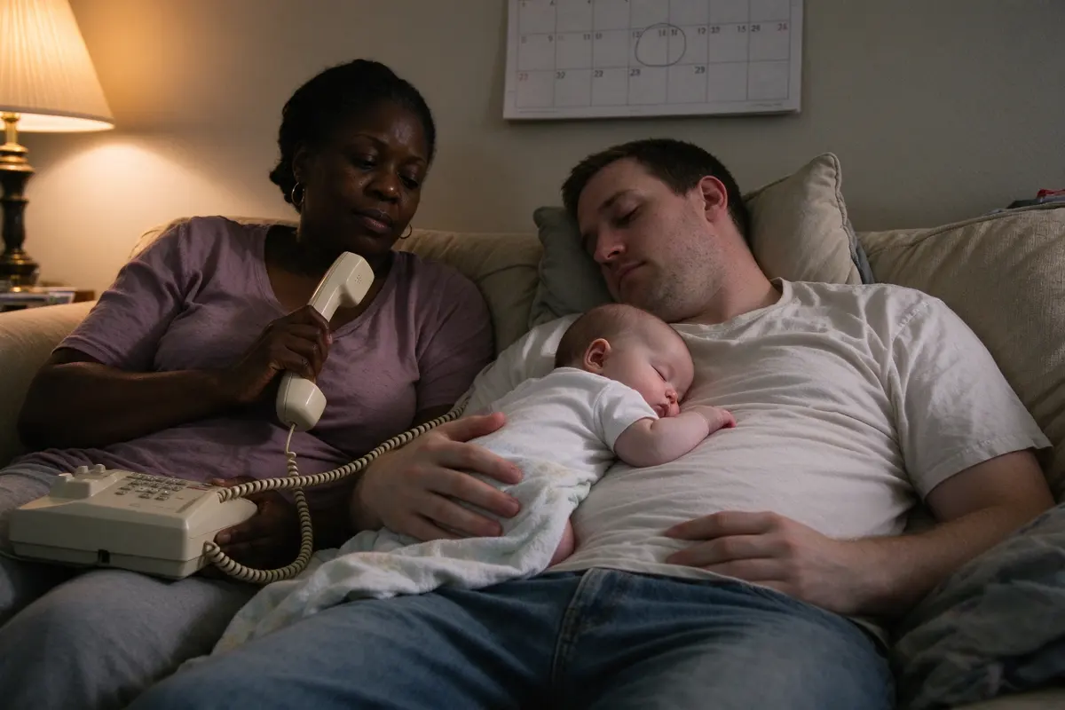 The mother on the sofa in lamp light with the house phone in her hand, the baby asleep on the father's chest beside her, a wall calendar behind them with one square circled.