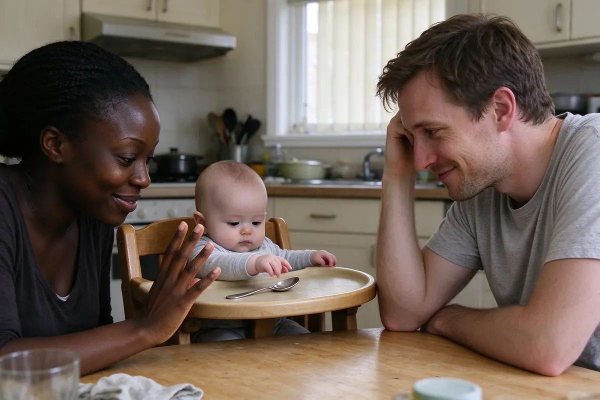 The mother counting on her fingers while the father says the list back, both looking at each other, the baby in the buckled high chair between them reaching for the empty spoon on the tray.