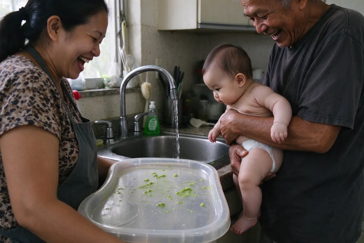 The mother and the grandfather at the sink afterward, laughing at a tray smeared green, the baby upright on the grandfather's hip watching the water run.