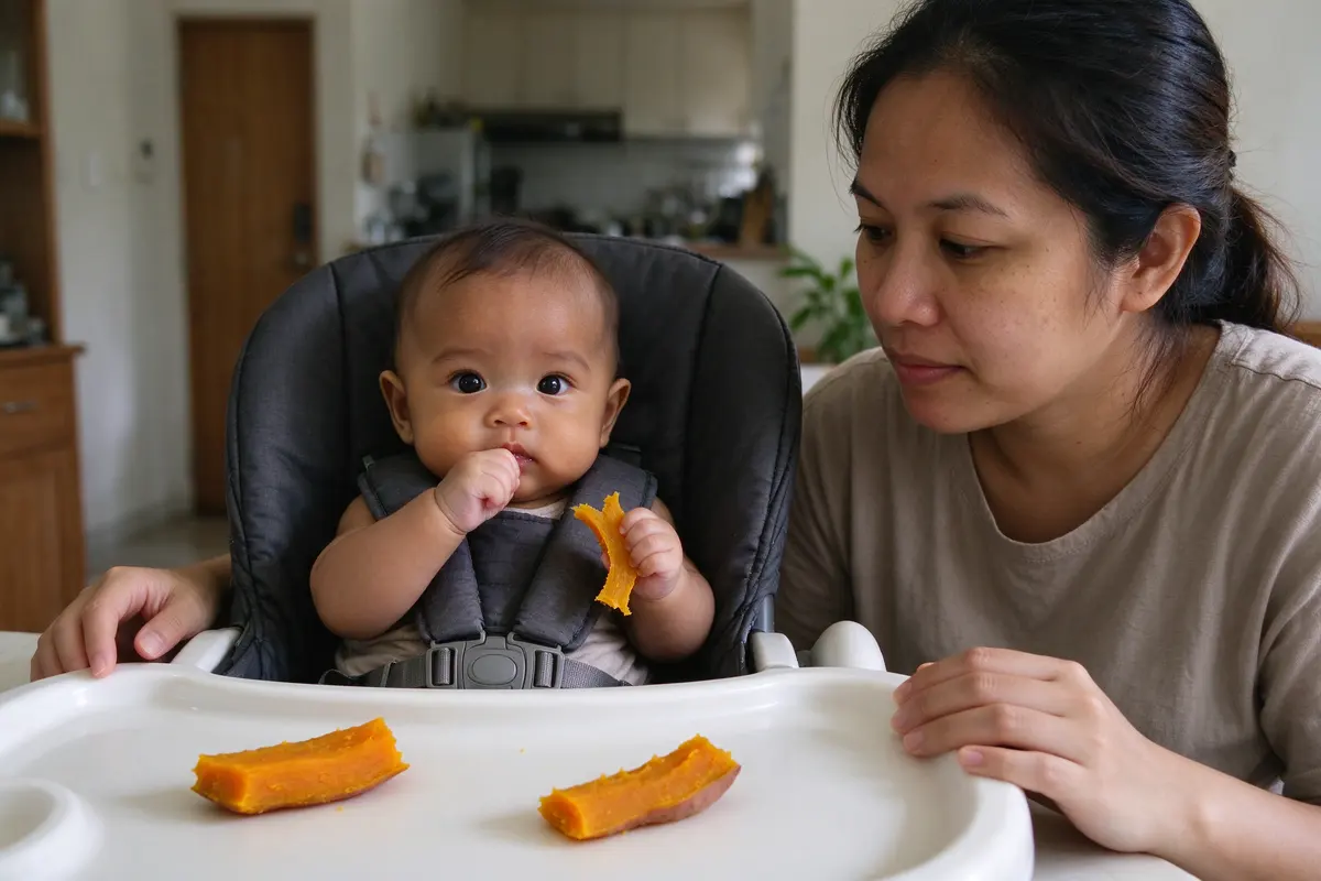 The baby in the buckled high chair with two soft strips of steamed sweet potato on the tray, one in a fist near the mouth, the mother seated close with her hands on the table edge.