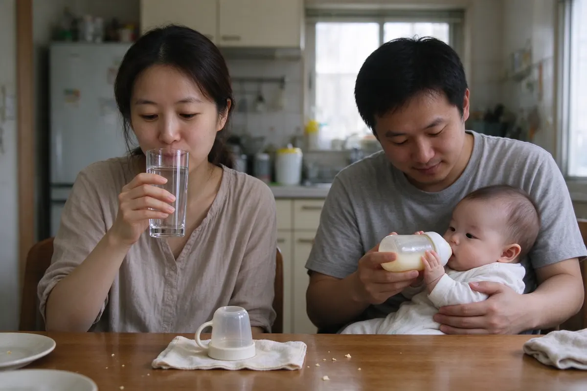 The mother drinking from a tall glass of water at the kitchen table, the father beside her giving the baby a bottle, the empty baby cup upside down on a towel.