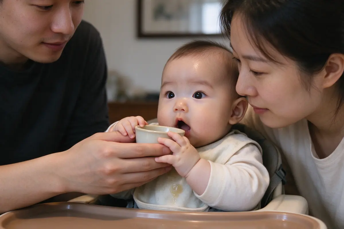 The baby's two hands wrapped over the father's on a small open cup, mouth open, water on the bib, the high chair harness visible, the mother leaning in beside them.