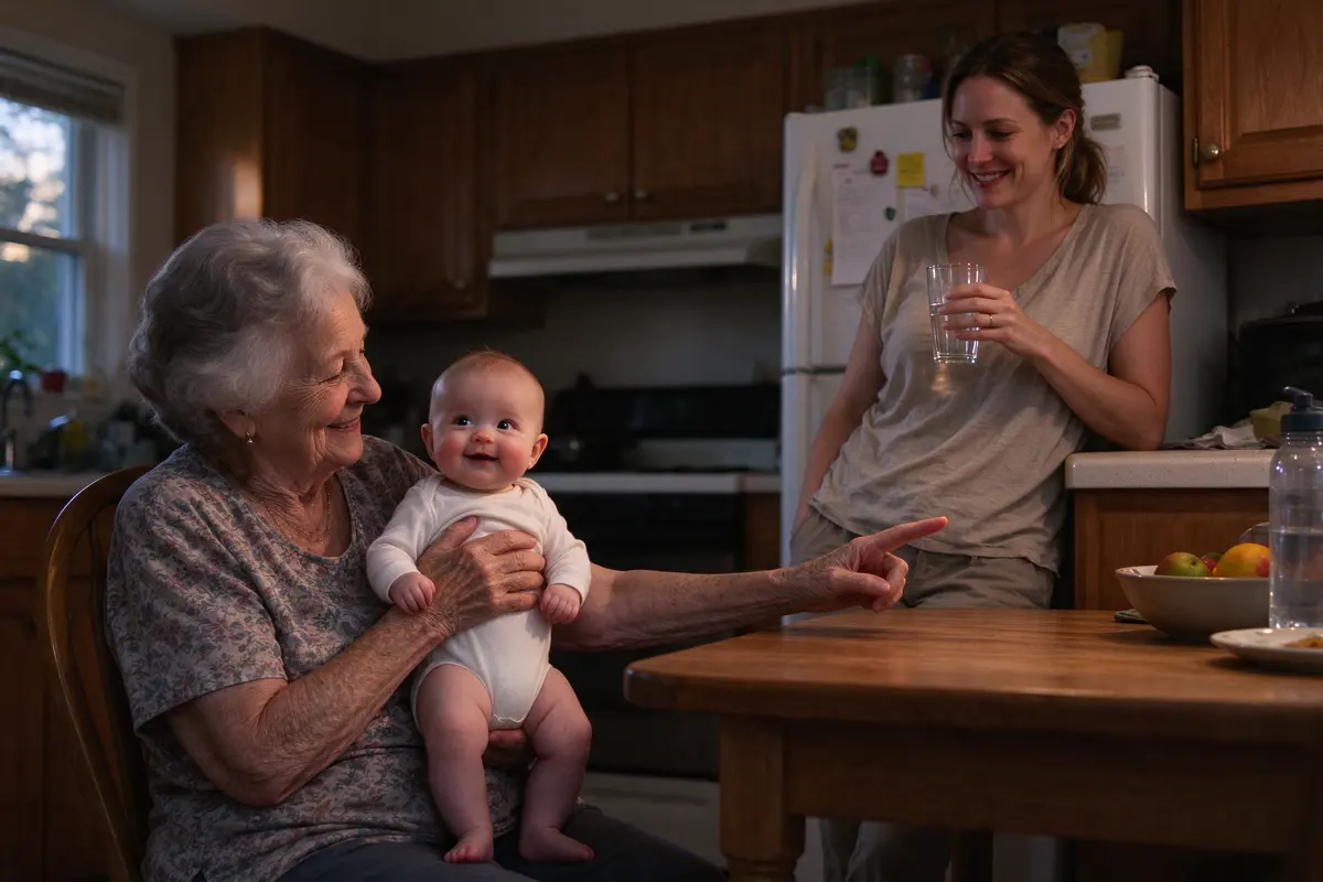 The grandmother holding the baby upright on her lap at the table and pointing at the fridge, the mother leaning on the counter with a glass of water, both smiling.