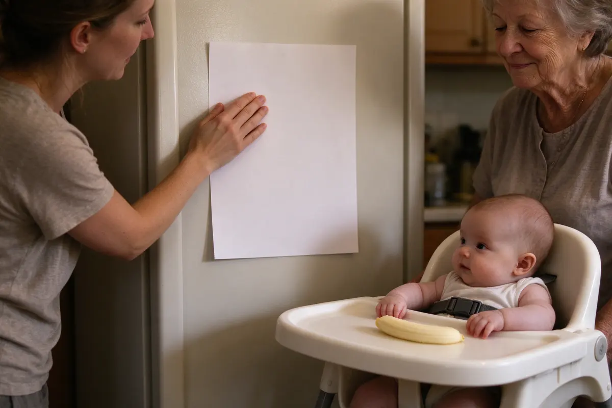 The mother's hand pressing a sheet of paper onto the fridge at adult eye level, the grandmother beside her nodding, the baby in the buckled high chair with a soft strip of banana on the tray.