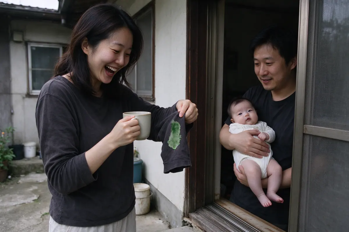 The mother on the back step with a mug, laughing at a dried smear of green on her own sleeve, the father inside at the window holding the baby.