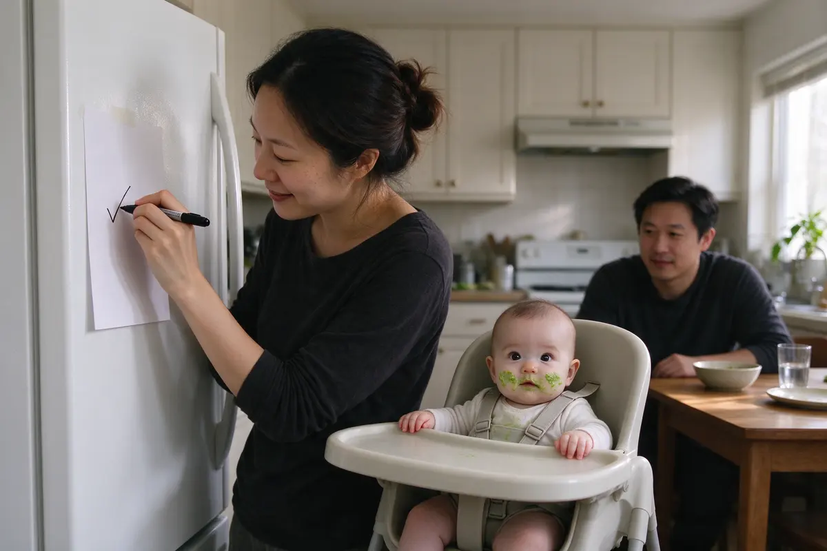 The mother writing a tick on a paper sheet taped to the fridge, the baby in the high chair behind her with green puree on both cheeks, the father watching from the table.