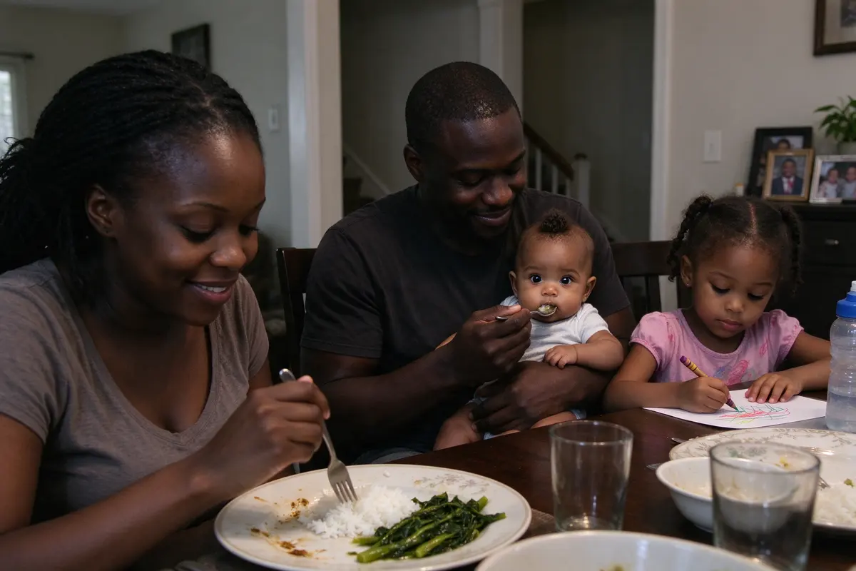 The mother seated at the cleared table eating a late plate of rice and greens, the father across from her with the baby on his lap gumming a spoon, the sister drawing beside them.