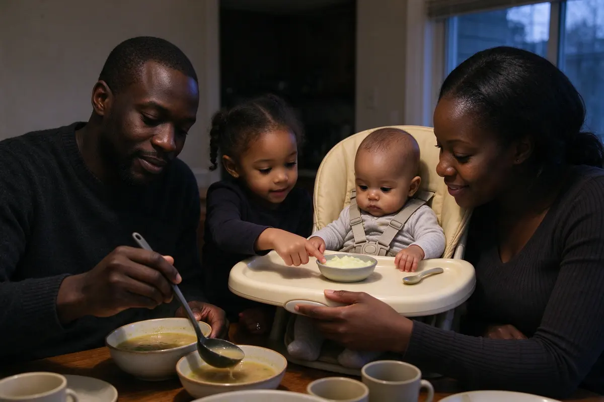 The father ladling soup into bowls while the mother sets a small bowl of puree on the high-chair tray, the sister pointing at the baby's food, mugs pushed to the far end of the table.