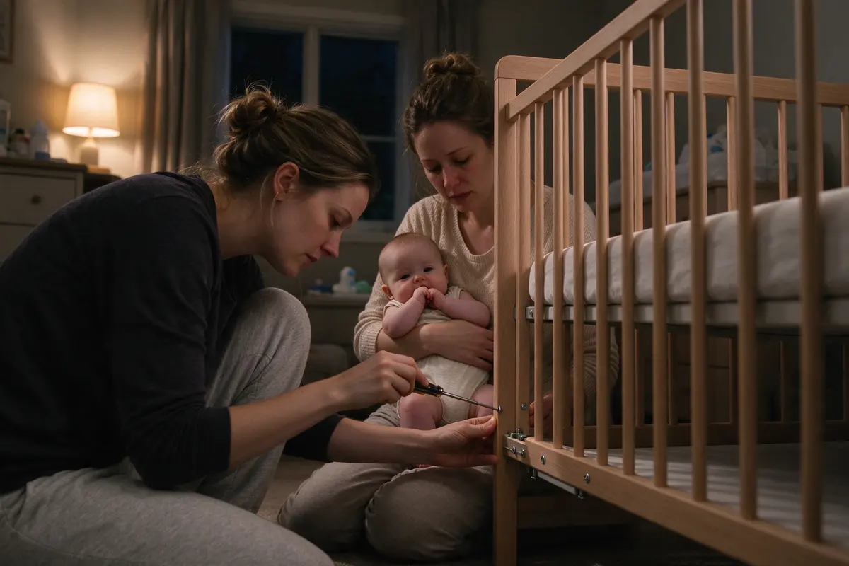 The two mothers in the nursery at night, one with a screwdriver at the crib's lowered mattress frame, the other holding the baby, who has a fist in her mouth.