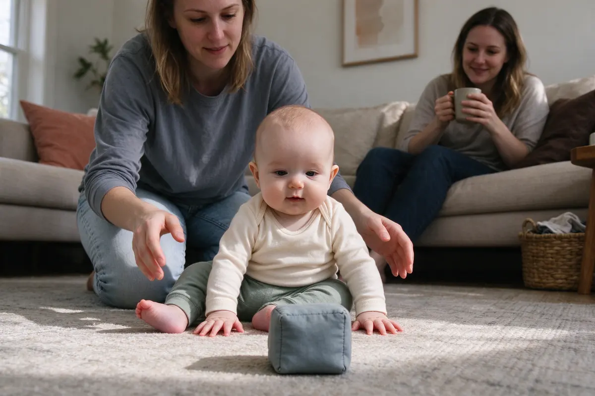 The baby in a tripod sit with a soft block a hand's width in front, the mother's hands an inch from the baby's sides, her wife on the sofa watching with a mug.