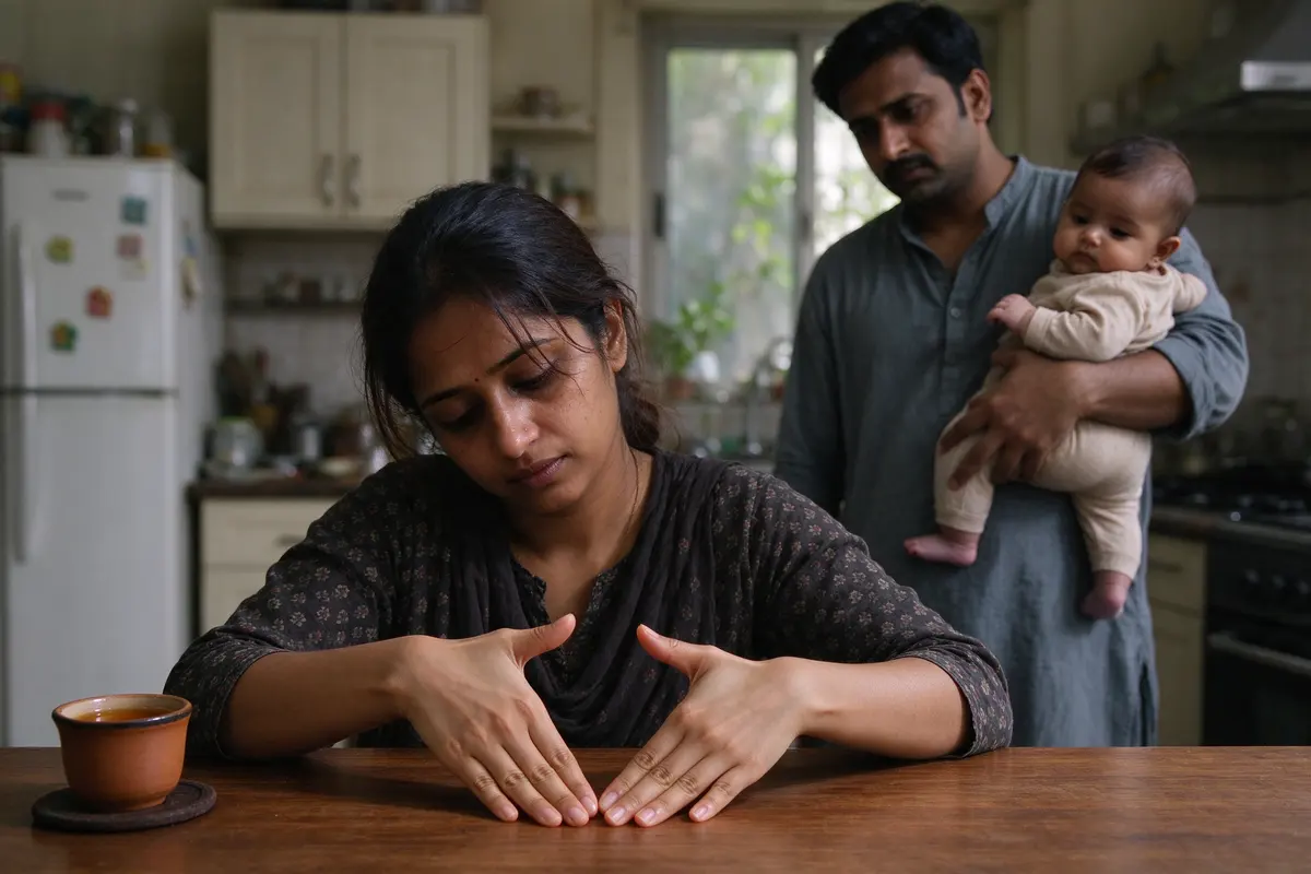 The mother at the kitchen table with her palms flat on the wood, flexing her wrists, a cup of chai beside her, the father in the background carrying the baby on his hip.