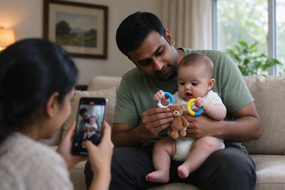 The father holding a third soft toy at the baby's midline while the baby grips a rattle in each fist, mouth open in concentration, the mother filming from the floor.