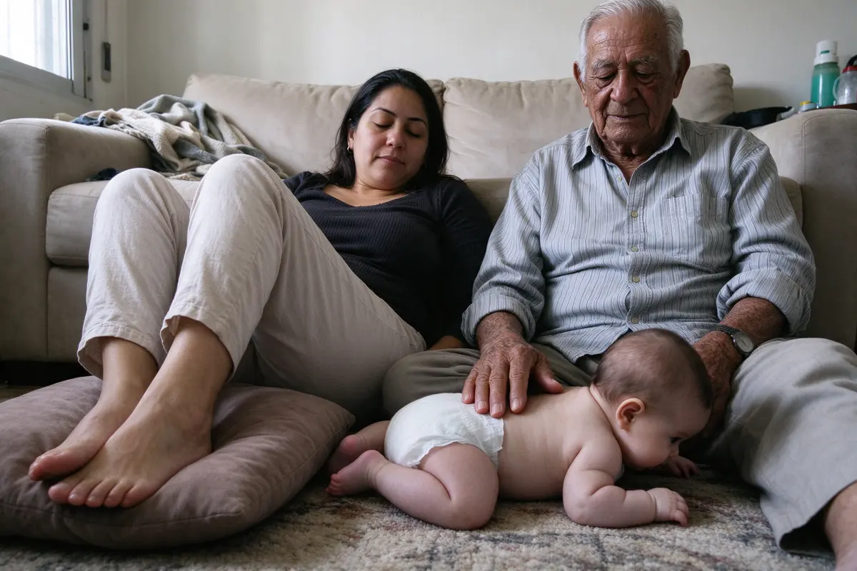 The mother sitting on the floor with her back to the sofa and her feet up on a cushion, eyes closed, the grandfather beside her on the rug patting the baby's back.