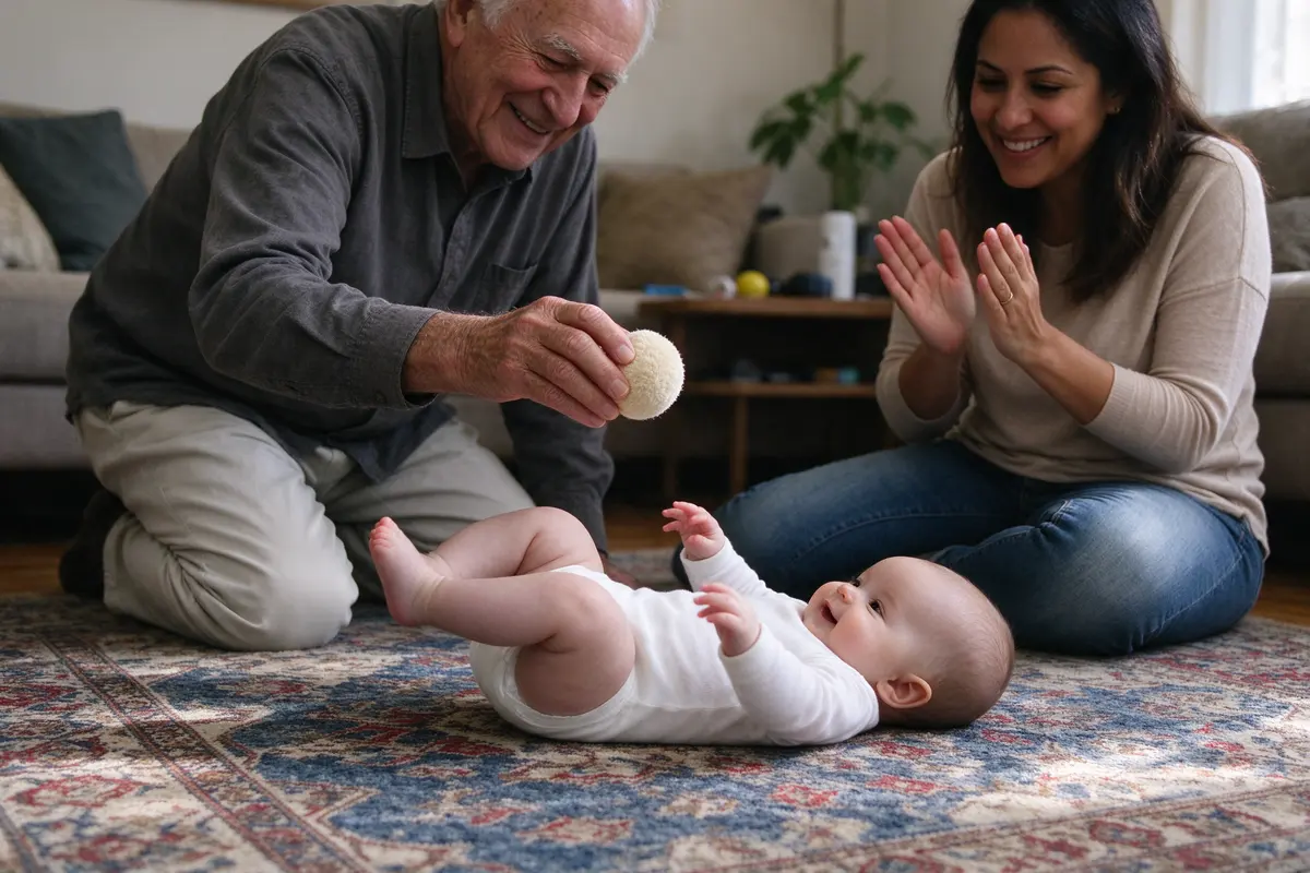 The grandfather kneeling at the edge of the rug holding a soft ball just beyond the baby's reach, the baby twisting at the hips with one leg coming over, the mother clapping.