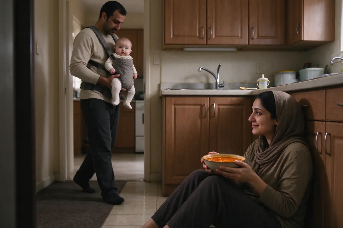 The mother sitting on the kitchen floor with her back against the cabinets and a bowl of soup, the spoon and cup put away on the counter, the father walking the baby in the hall.