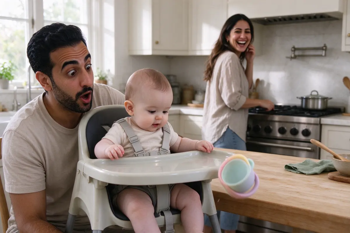 The baby in the high chair letting a soft cup fall over the tray's edge while the father, seated at the table, raises his eyebrows mid 'uh-oh', the mother laughing at the stove.