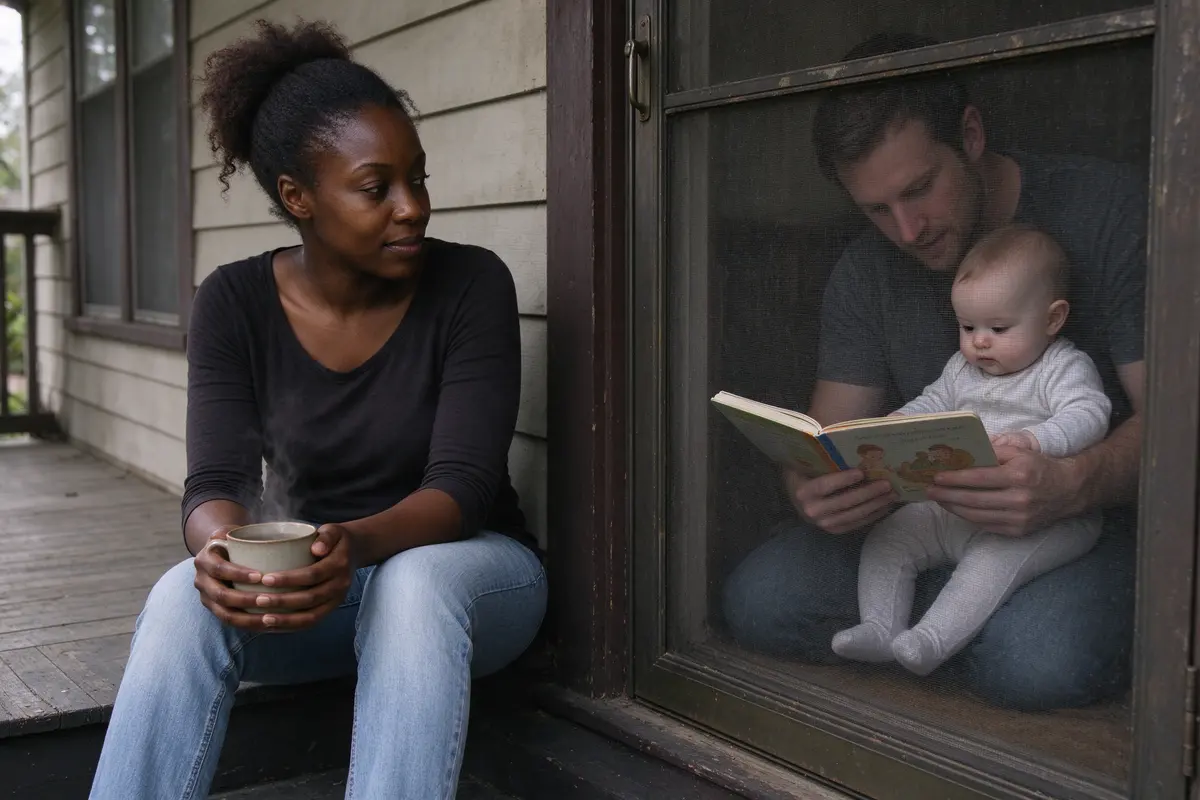 The mother alone on the porch steps with a cup of coffee, looking at nothing in particular, the father visible through the screen door reading a board book to the baby.