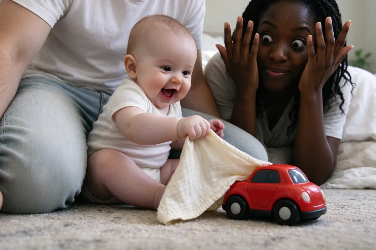 The baby tugging the muslin cloth off the toy car with one fist, mouth open in a squeal, the mother's face popping out from behind her own hands at the same moment.