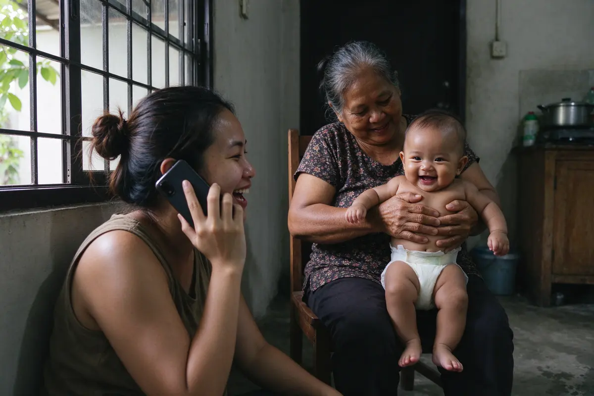 The mother on the phone at the open kitchen window, talking and laughing, the grandmother behind her bouncing the baby on her lap with the baby's feet on the floor.