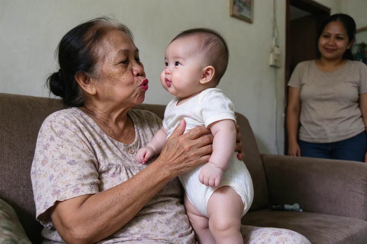 The grandmother on the sofa holding the baby face to face on her knees, her lips pursed in a raspberry, the baby's cheeks puffed copying her, the mother watching from the doorway.