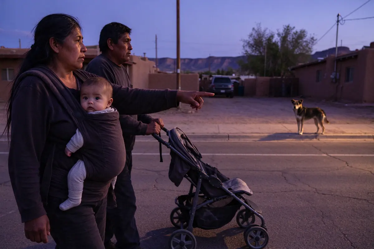 The mother on a walk at dusk with the baby facing out in a front carrier, pointing at a dog across the street, the father a step behind pushing the empty stroller.