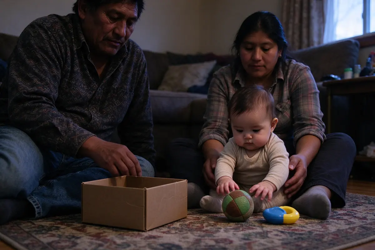 The father on the living-room floor holding a cardboard box, a ball, and a bath toy in a row in front of the baby, who sits propped between the mother's knees reaching for the ball.