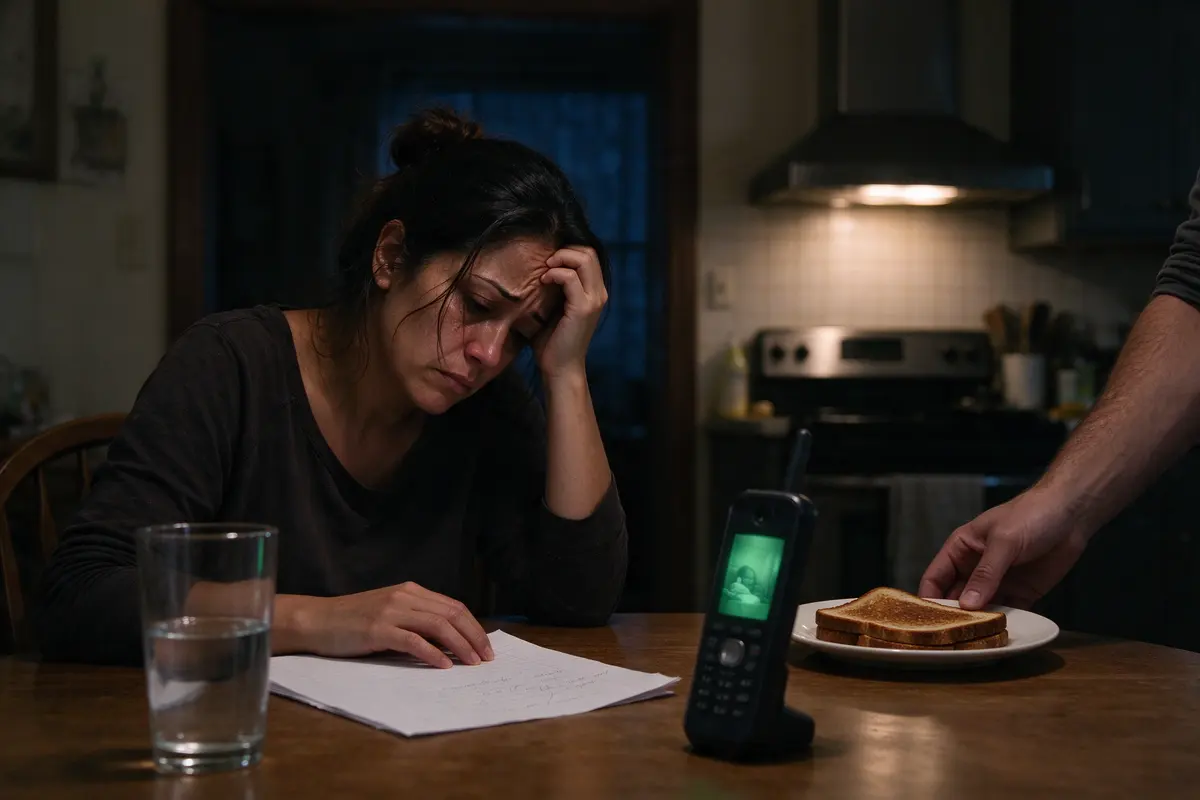 The mother alone at the same table at night with a second page and a glass of water, the baby monitor glowing, the father's hand setting a plate of toast beside her.