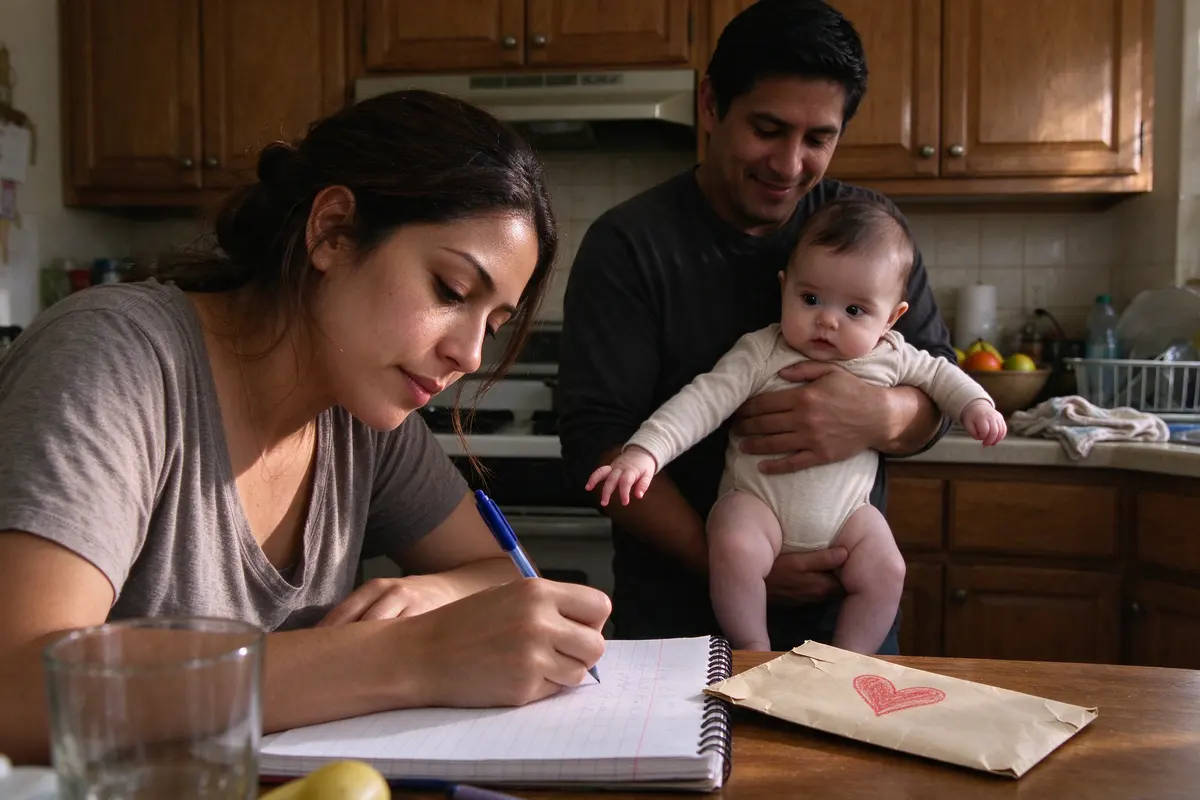 The mother writing on a lined page at the kitchen table, an older envelope marked only with a crayon heart beside it, the father at the counter holding the baby, who grabs for the pen.