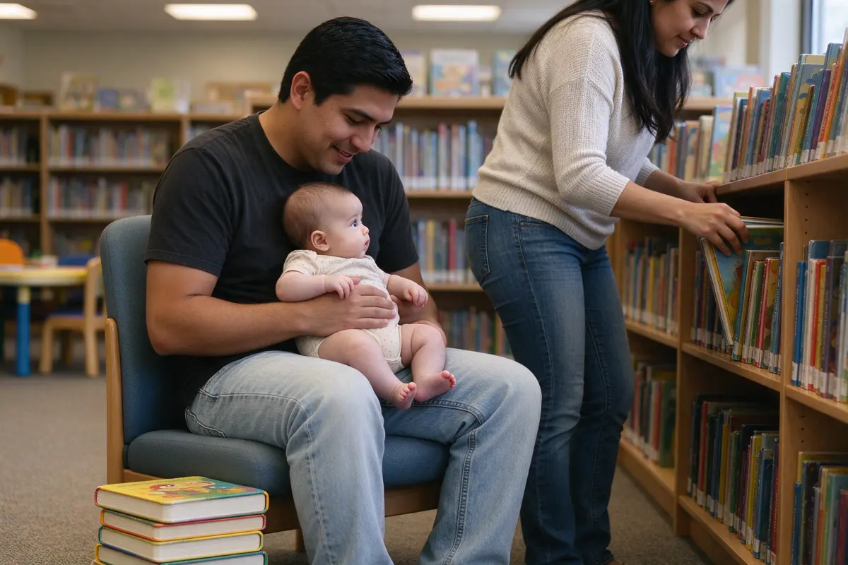 The father on a low library chair with the baby on his lap, a short stack of board books on the carpet beside them, the mother in the children's section pulling one more off a shelf.