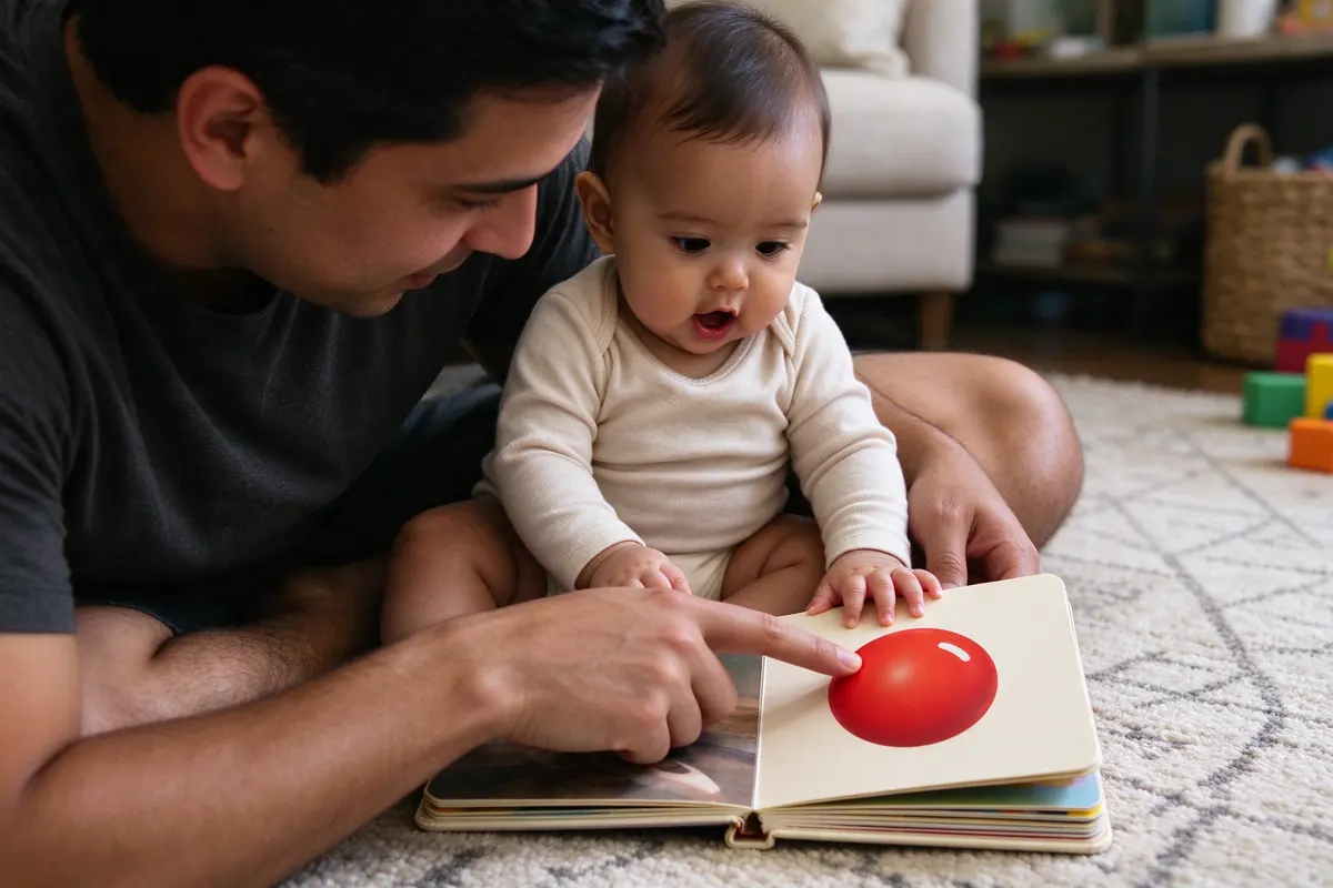 The father's finger on a bright picture of a ball while the baby, sitting between his legs with hands on the book, looks where he points and opens their mouth to babble.