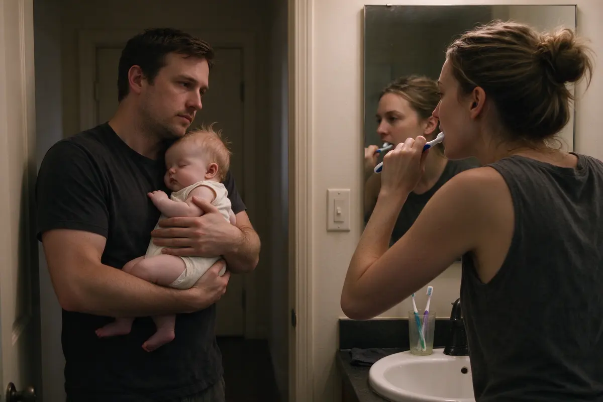 The mother brushing her own teeth at the mirror in evening light, the baby asleep on the father's shoulder in the hallway behind her, two toothbrushes in the cup.