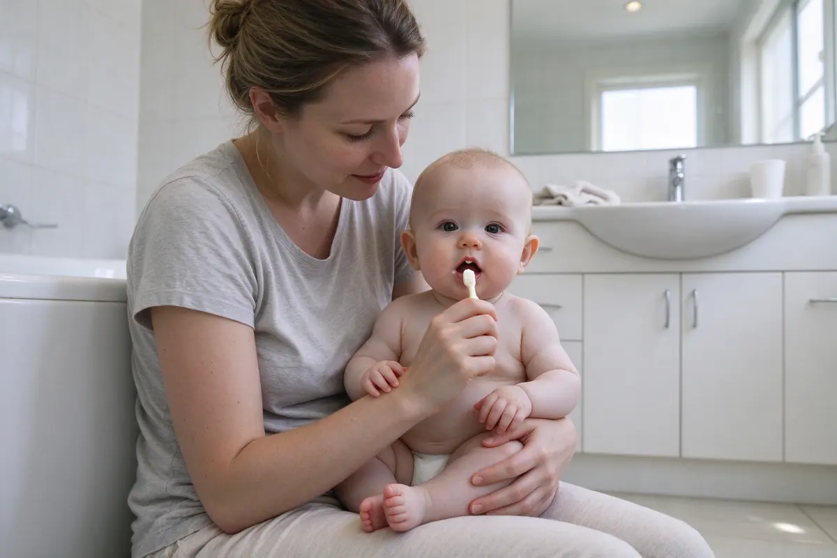 The mother sitting on the bathroom floor with the baby on her lap facing out, a tiny soft toothbrush with a barely visible smear of paste touching the baby's one lower tooth.
