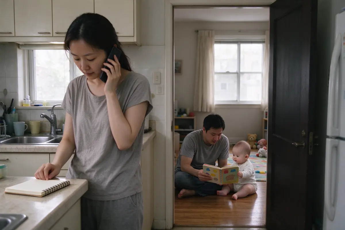The mother on the phone at the kitchen counter, notepad in front of her, calm, the father on the floor with the baby and a board book in the next room through the doorway.