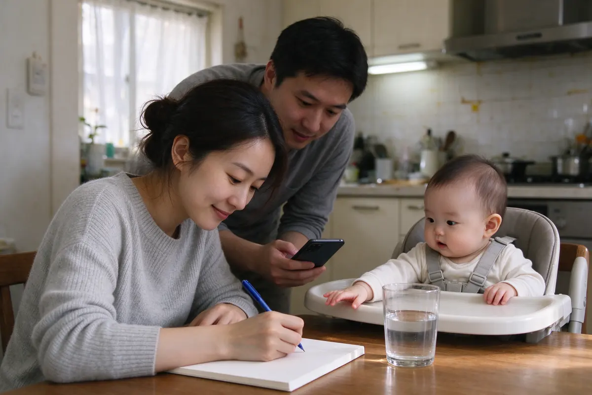 The mother at the kitchen table writing on a notepad beside a glass of tap water, the baby in the high chair reaching for the pen, the father reading something on his phone over her shoulder.