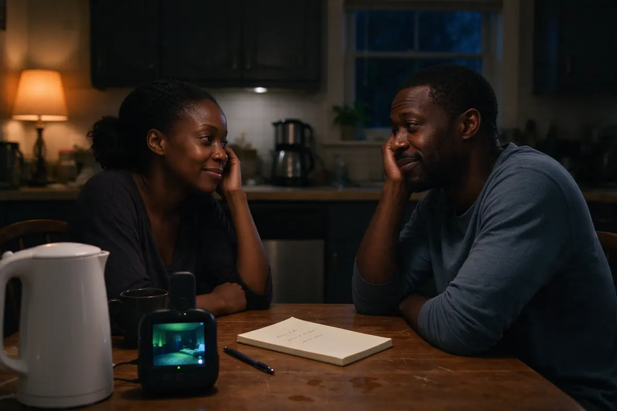 The mother and father at the kitchen table after dark, a notepad between them with three short lines written on it, the baby monitor glowing softly beside the kettle.