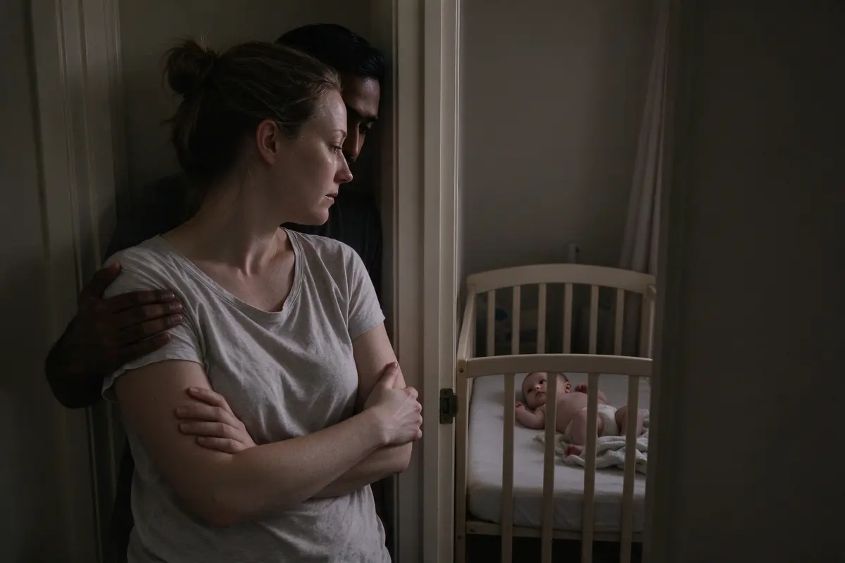 The mother standing in the nursery doorway at night with her arms folded, calm, watching the baby settle in the crib, the father's hand on her shoulder from behind.