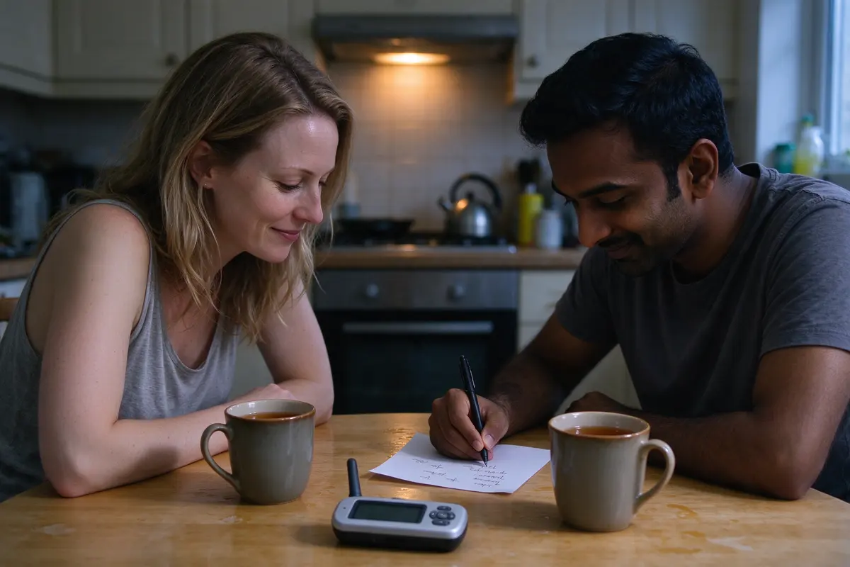 The two parents at the kitchen table in the evening, the father writing a short list while the mother reads it upside down, two mugs of tea and the baby monitor between them.