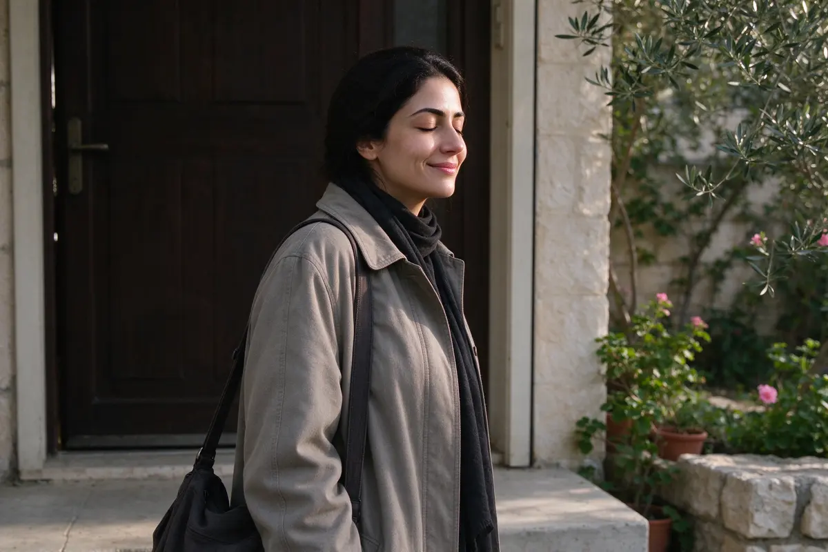 The mother on the front step outside, door just closed behind her, coat on, taking a breath with her eyes shut and a small smile, a bag over her shoulder.