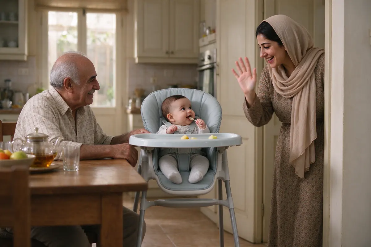 The mother in a kitchen doorway waving to the baby, who sits buckled in a high chair with a spoon and watches her, the grandfather at the table beside the chair, a hand on the tray.