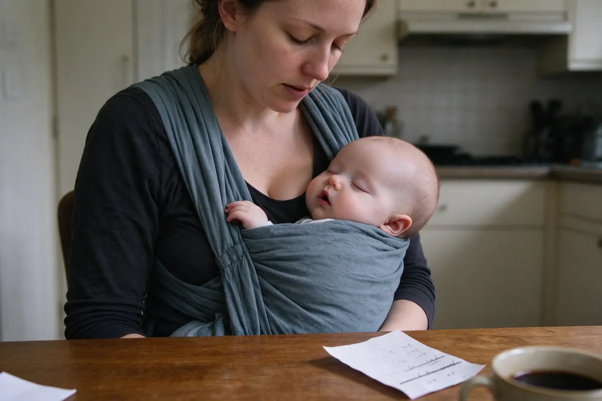 The mother at the kitchen table with a short handwritten list of room names, one crossed off, a cup of coffee, the baby asleep on her chest in a carrier.
