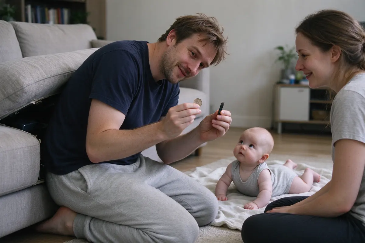 The father kneeling beside a sofa with the cushions lifted, holding up a coin and a pen cap he found, the baby on the blanket behind him watched by the mother sitting on the floor.