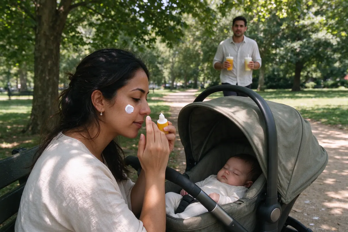 The mother sitting on the park bench in the shade applying sunscreen to her own face, the baby asleep in a rear-facing stroller seat beside her under a canopy, the father walking up with two drinks.