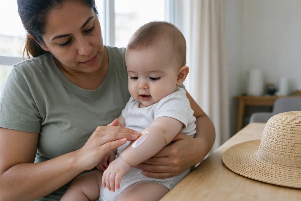 The mother at home by a window rubbing a small dot of sunscreen onto the inside of the baby's forearm, the baby on her lap looking at the white smear, a sun hat waiting on the table.