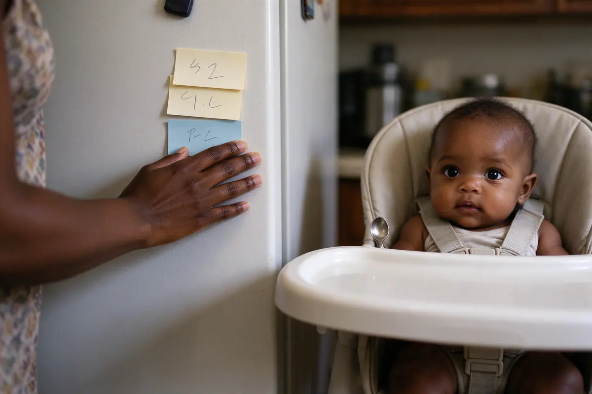 Three index cards on the fridge door under a magnet, the third in a different color, the mother's hand pressing it flat, the baby's high chair with a buckled baby and a spoon visible behind her.