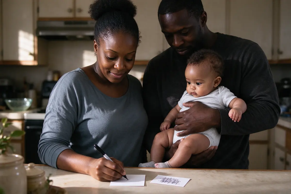 The mother at the kitchen counter writing on an index card in marker, a second card already finished beside it, the father holding the baby and reading the first card over her shoulder.