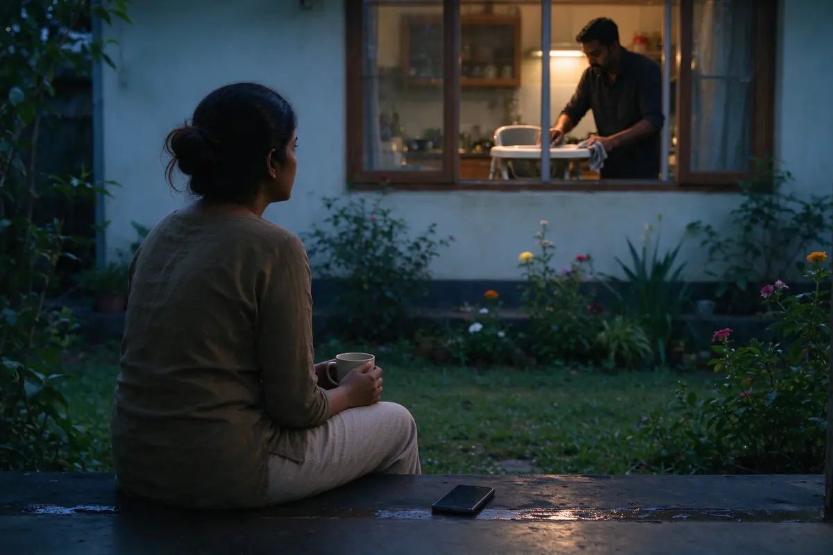 The mother alone on the back step at dusk with a mug, phone face down beside her, looking at the garden; in the lit kitchen window behind her the father wipes the high chair tray.